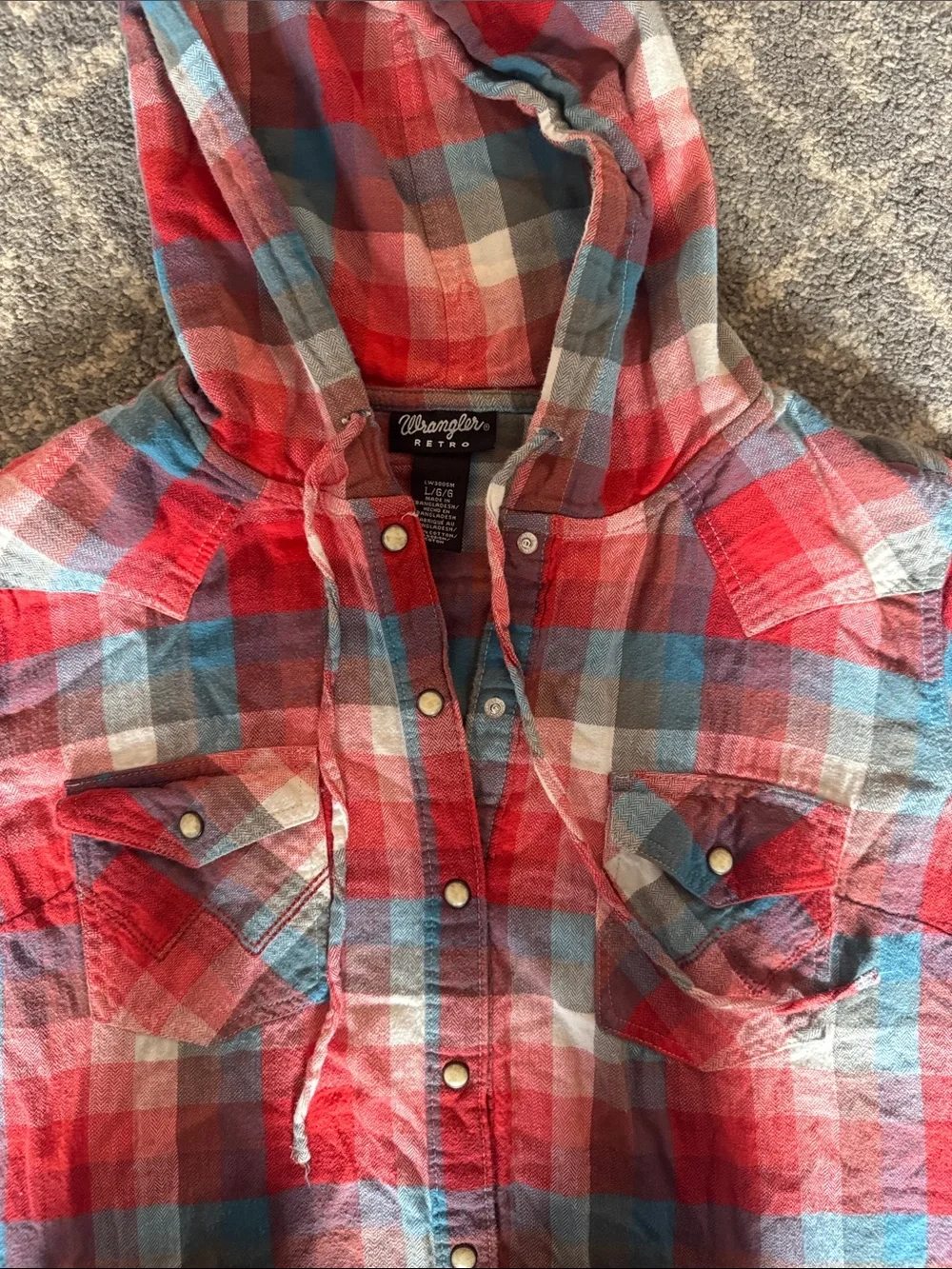 Plaid Hooded Button-Down Shirt Jacket - Red & Blue with Pearl Snaps